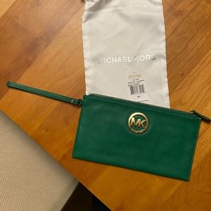 Michael by Michael Kors large zip clutch. Green with gold. Brand new with tags